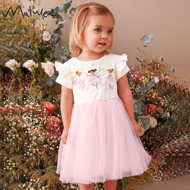 Malwee Girls Princess Dress Summer European And American Small Children's Leisure Round Neck Gauze Skirt Western Style Children's Dress