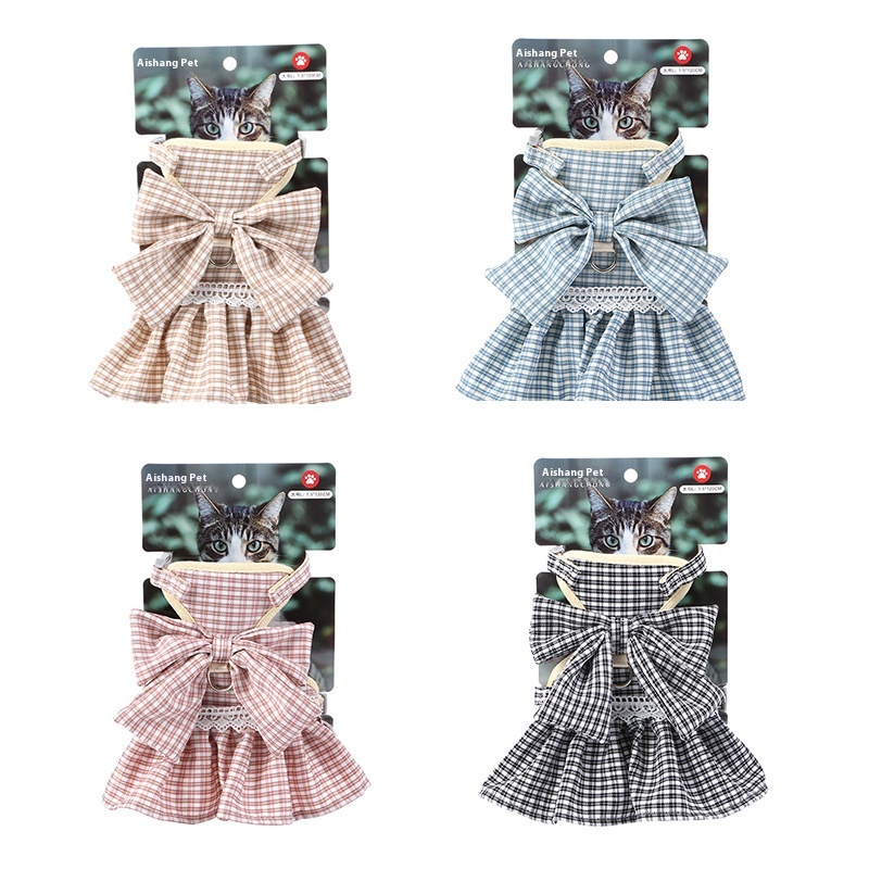 Pet Cats And Dogs Anti-breakaway Breathable And Adjustable Korean Style Large Bow Princess Dress Vest-style Traction Rope Cat Rope