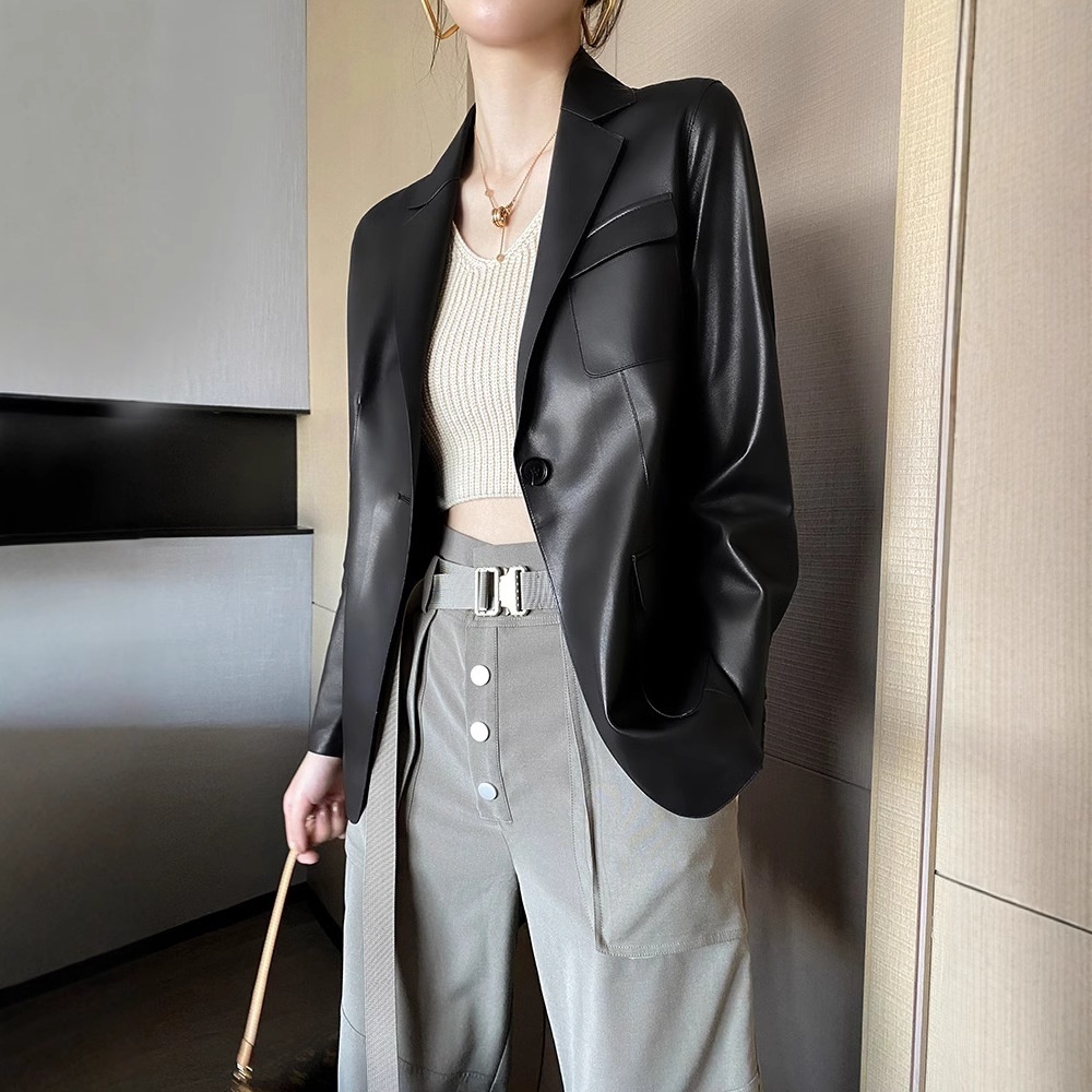 Haining Goatskin Genuine Leather Suit Jacket For Women Autumn Korean Style Slim Retro British Style Jacket