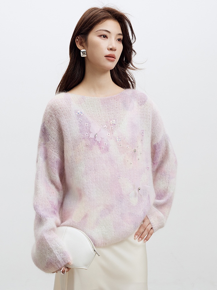 Printed And Dyed Mohair Boat Neck Knitted Cardigan Women's Loose Sweater