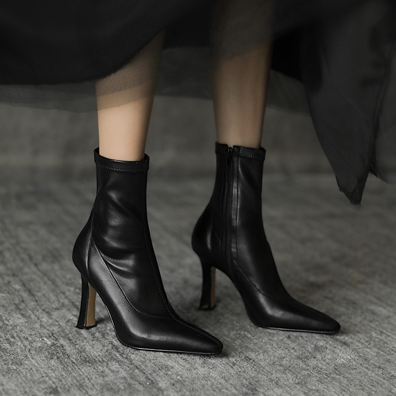 Internet Celebrity Slim Boots Pointed Toe High Heel Boots Short Boots Women's Autumn And Winter Single Boots Sexy Thick Heel Elastic Boots - 4