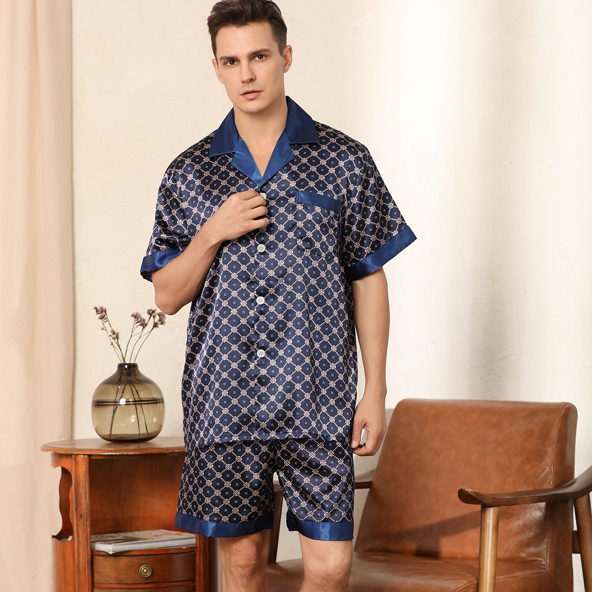 European Size Men's Summer Printed Short-sleeved Shorts Pajamas Men's Summer Silk Home Clothes Men's Suit Ice Silk