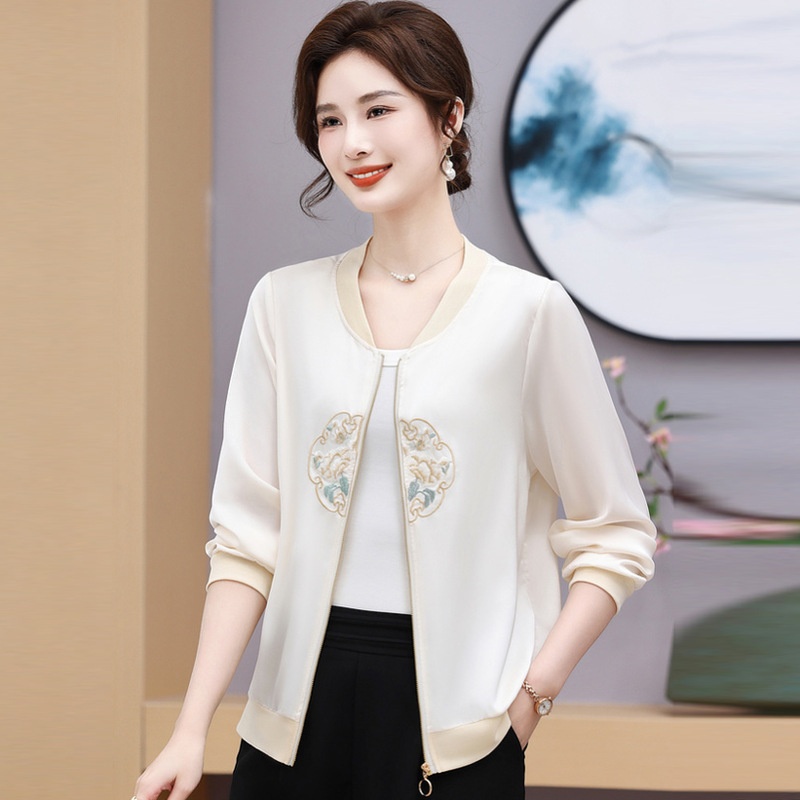 Spring And Summer Silk Short Coat Women's Ackersie Middle-aged Mother Loose Embroidered Baseball Suit Jacket