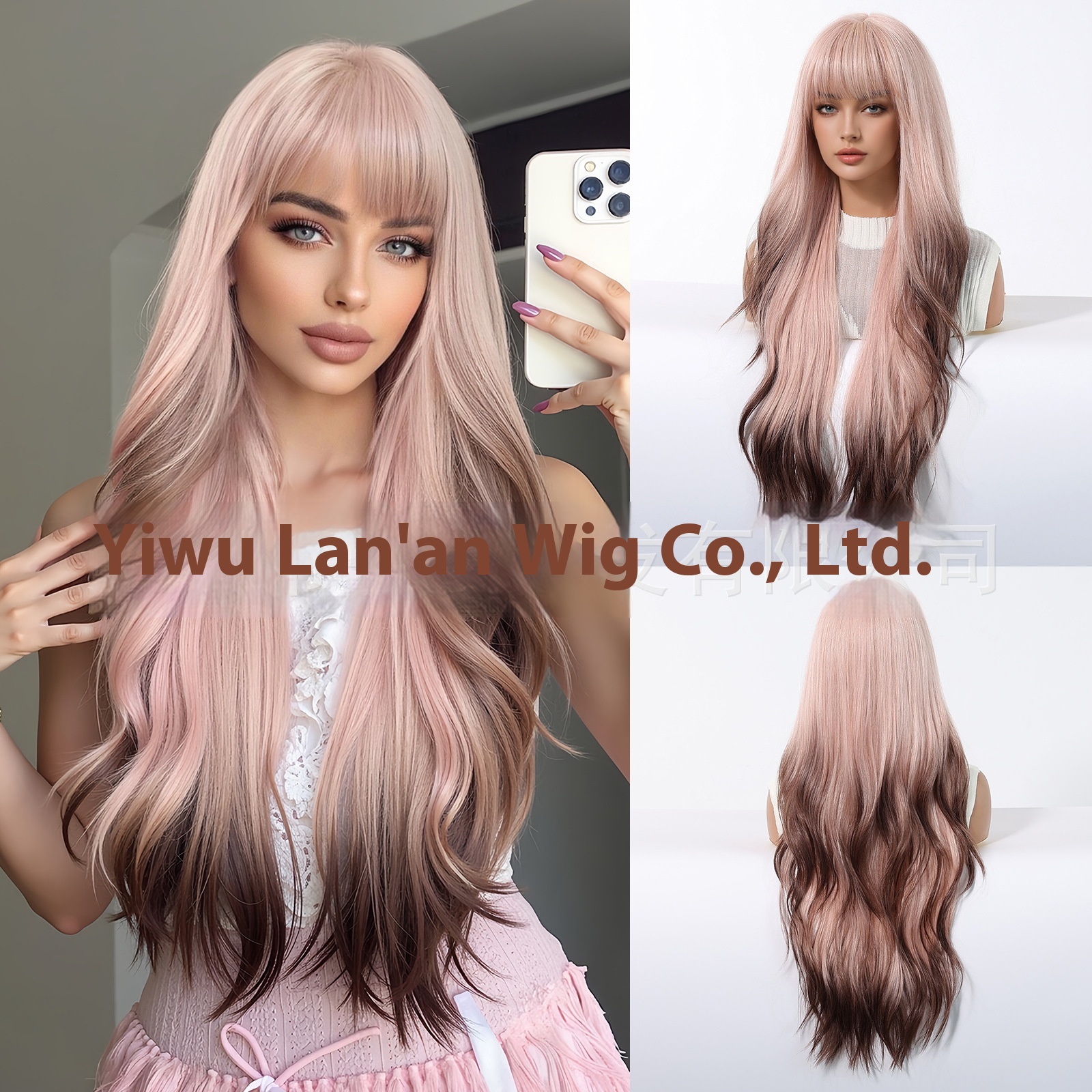 Full Head Wig Women Gradient Pink Air Bangs Wig Women Curly Hair Matte High Temperature Silk Chemical Fiber Hair