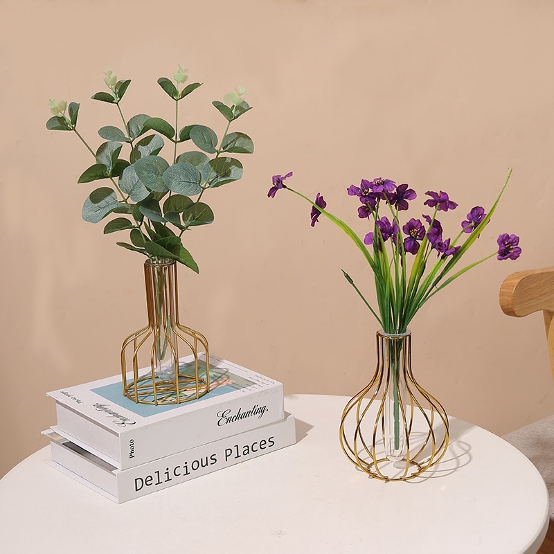 Light Luxury Gold Iron Transparent Vase Flower Arrangement Hydroponic Container Home Soft Furnishing Dining Table Living Room Decoration Ornaments