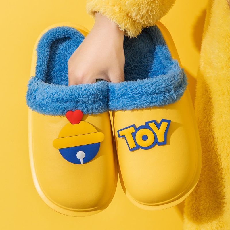 Autumn And Winter Cartoon Cute Bell Cotton Slippers For Women Indoor Couples Home Plus Velvet Warm Waterproof Non-slip Cotton Slippers