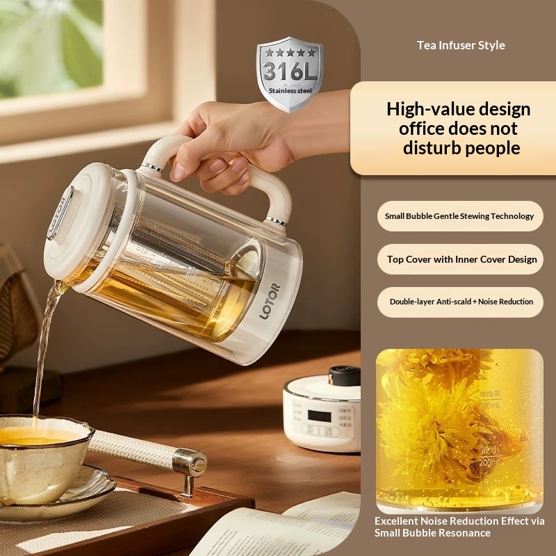 LOTOR Mini Glass Health Kettle 0.8L – Multifunctional Tea Maker & Slow Cooker Compact Office Herbal Tea Pot