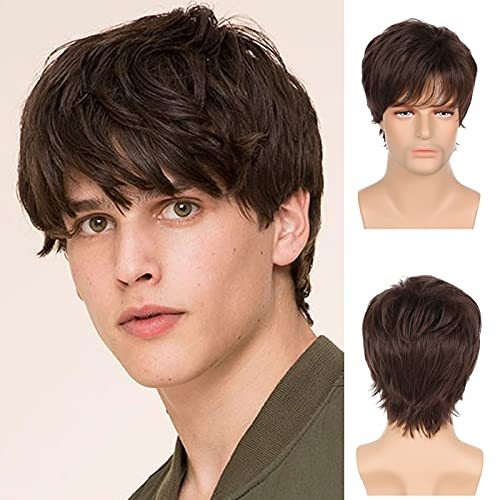 European And American Men's Short Straight Hair Brown Fluffy Wig