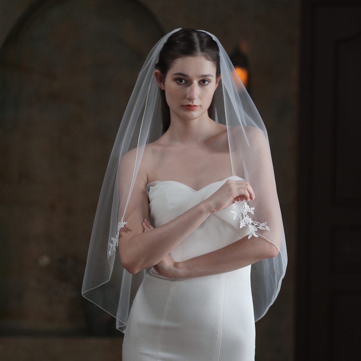 V843 Bridal Veil Simple White Single Layer Lock Edge Lace Flower Piece Wedding Travel Wedding Headdress