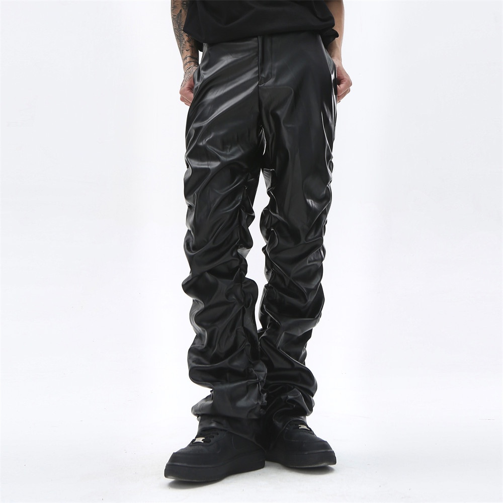 Men's Dark Punk Design Shiny Pleated Leather Pants