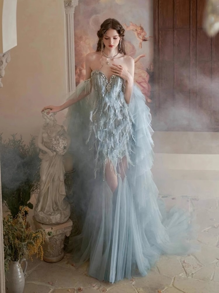 Blue Feather Evening Gown