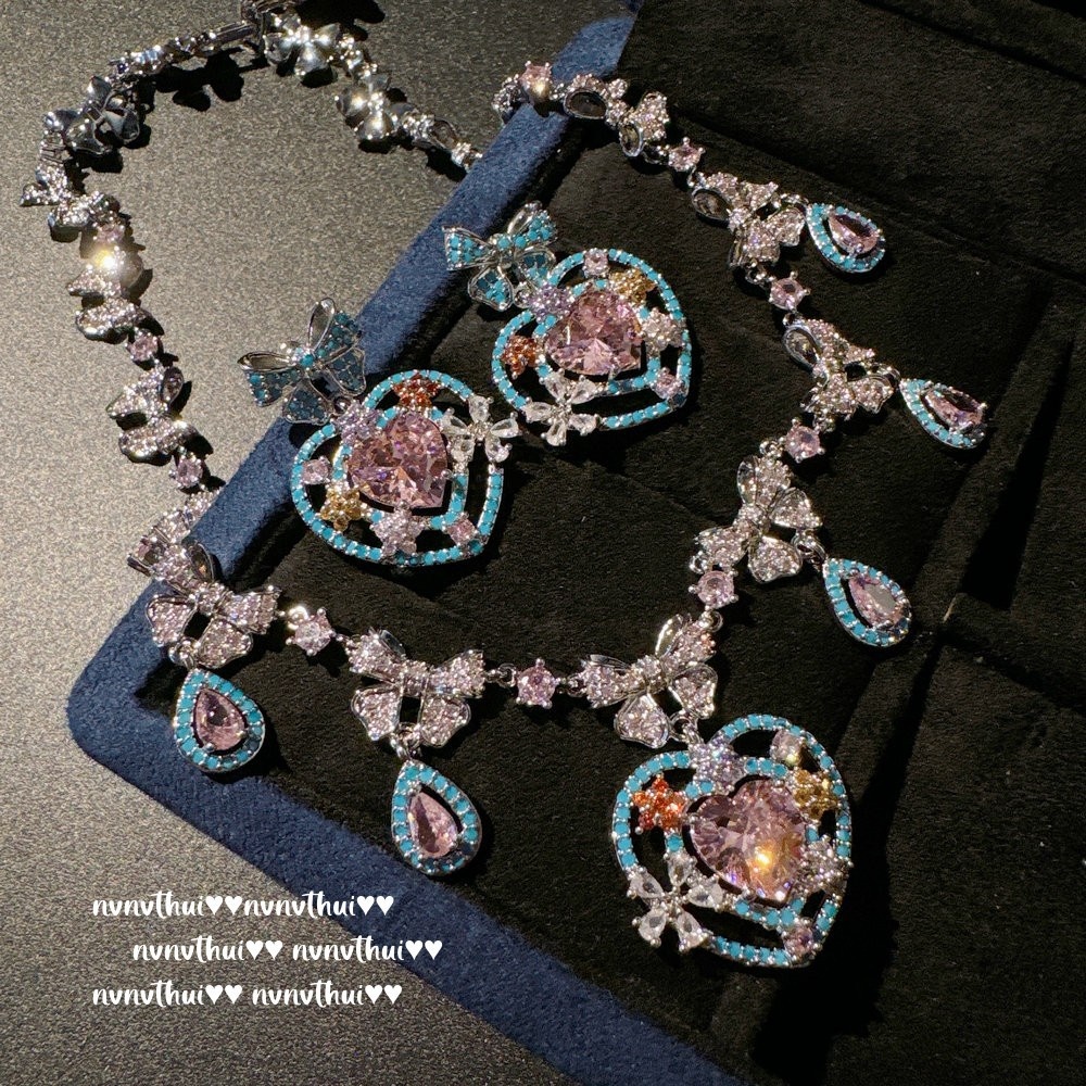 Austrian Court Love Water Drop Gemstone Necklace Vintage 18K Gold Plated Argyle Powder Bow Earrings