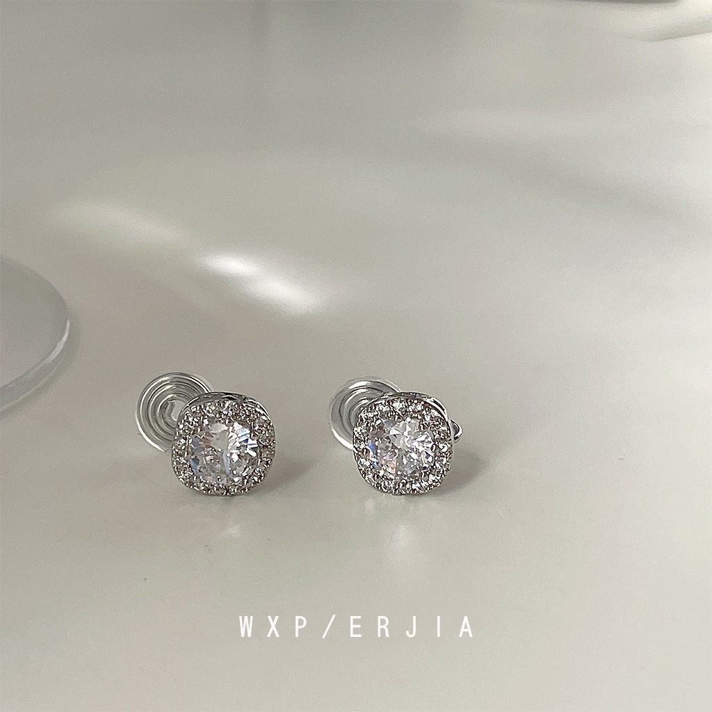 Mosquito Incense Plate Ear Clip Earrings Without Ear Holes ~ Super Flash Zircon Personality Silver Simple Joker Square Earrings Women