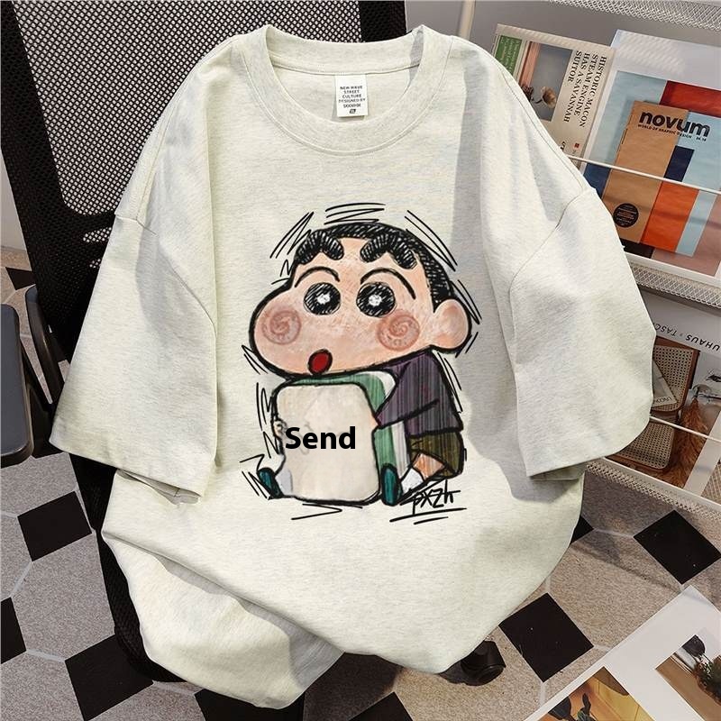 Summer Loose Short-sleeved T-shirt Women's Pure Cotton Cute American Crayon Shin Cartoon Printed Base Shirt Top