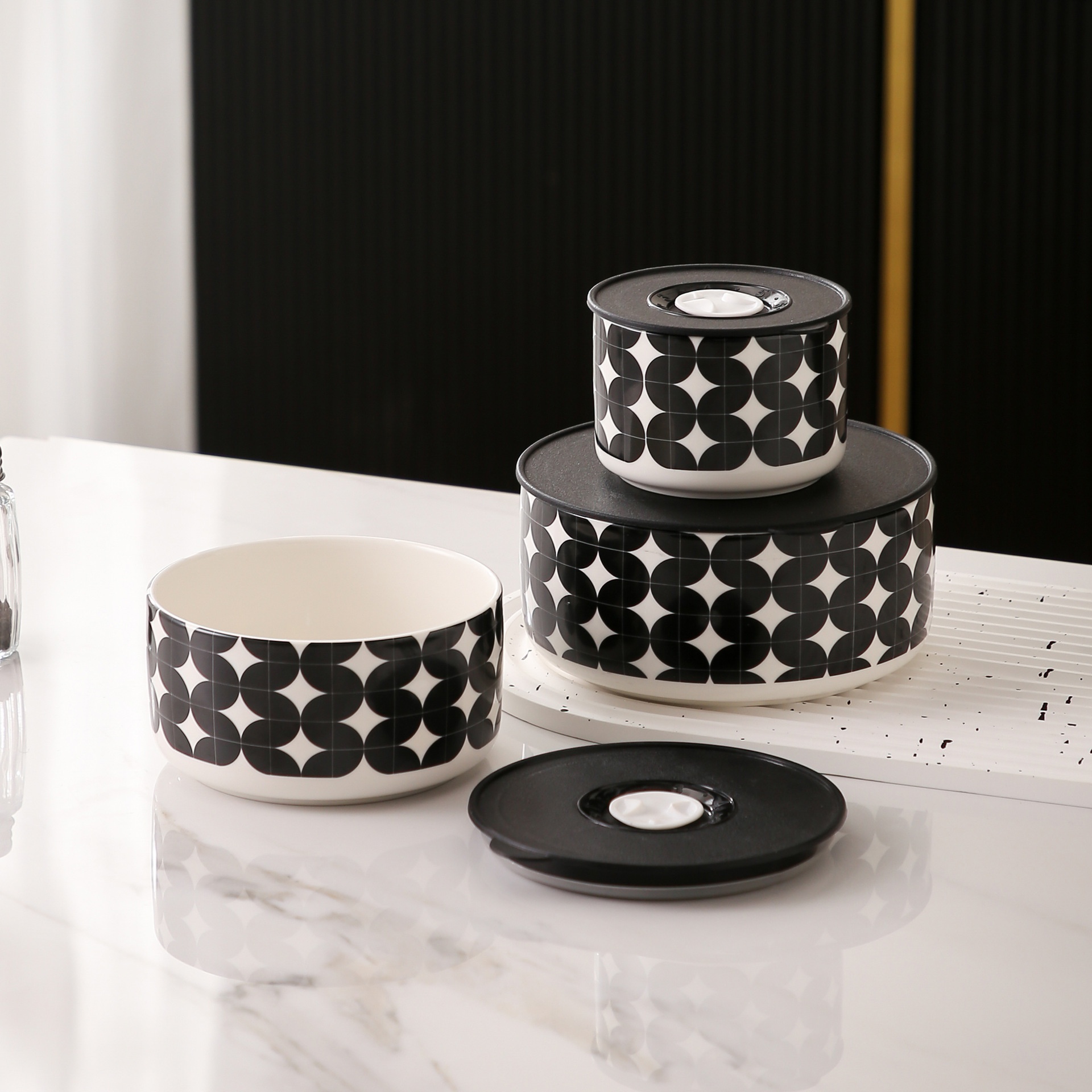 Black And White Style Ceramic Household Fresh-Keeping Bowl Refrigerator Refrigeration Classification Bowl Semi-Finished Product Storage Bowl Lunch Box With Lid