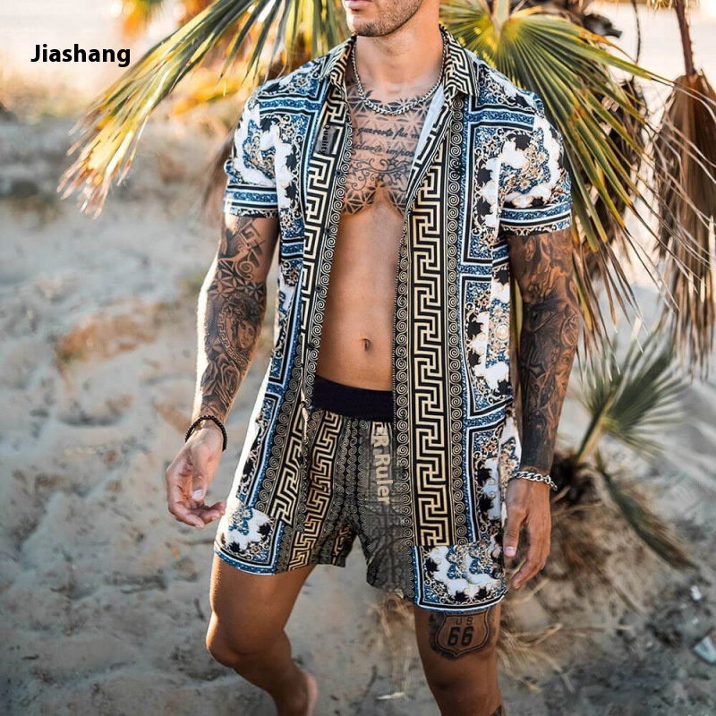 [Ready Stock]Spring European And American Printed Shirt Quick Dry Casual Suit Shorts Men