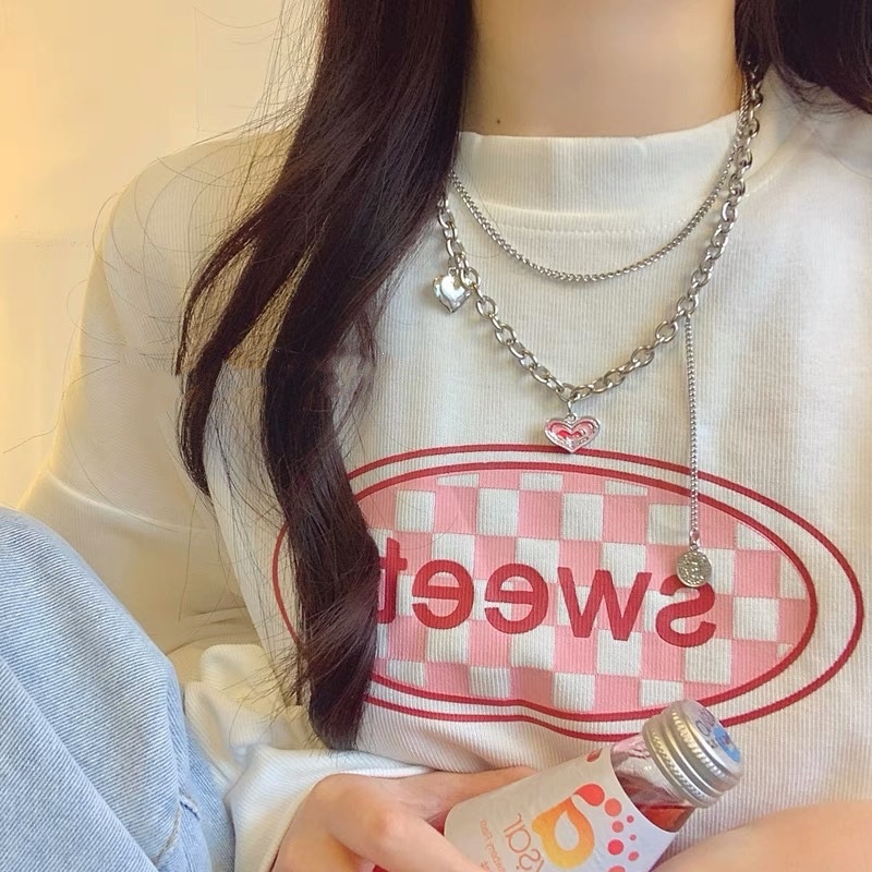 Pink Love Necklace Light Luxury Niche High-end Hip-hop Double-layer Sweater Chain Autumn And Winter - 2