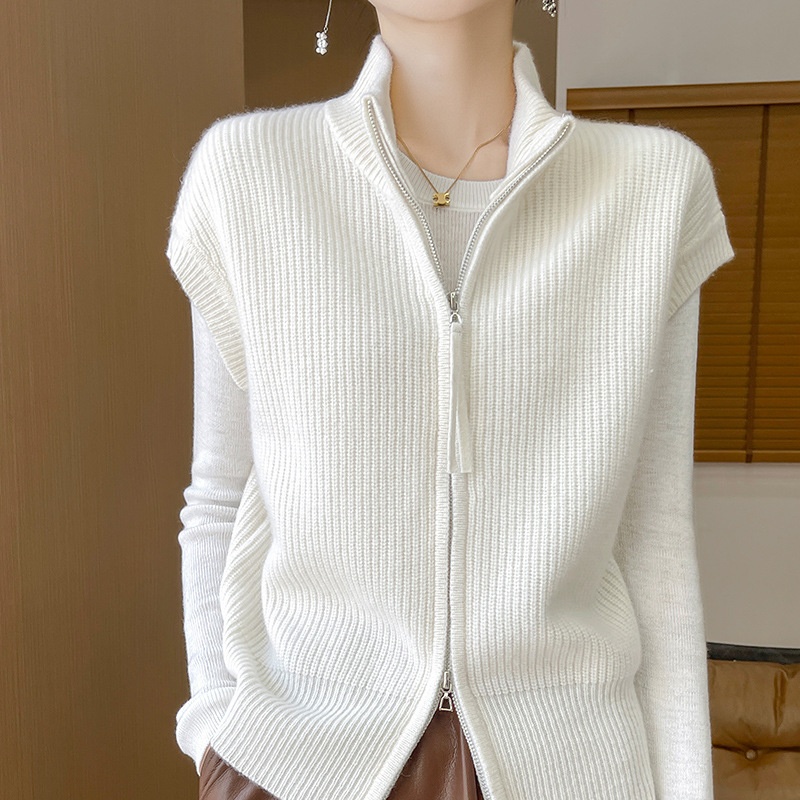 Autumn And Winter 100 Pure Wool Korean Style Half-high Neck Double Zipper Design Sense Cardigan Women's Waistcoat