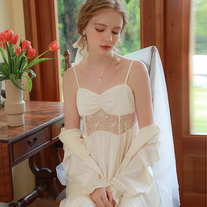 French Suspender Nightdress Female Two-piece Set High-grade Ice Silk Pajamas Spring And Autumn Long Sleeves Can Be Worn Outside