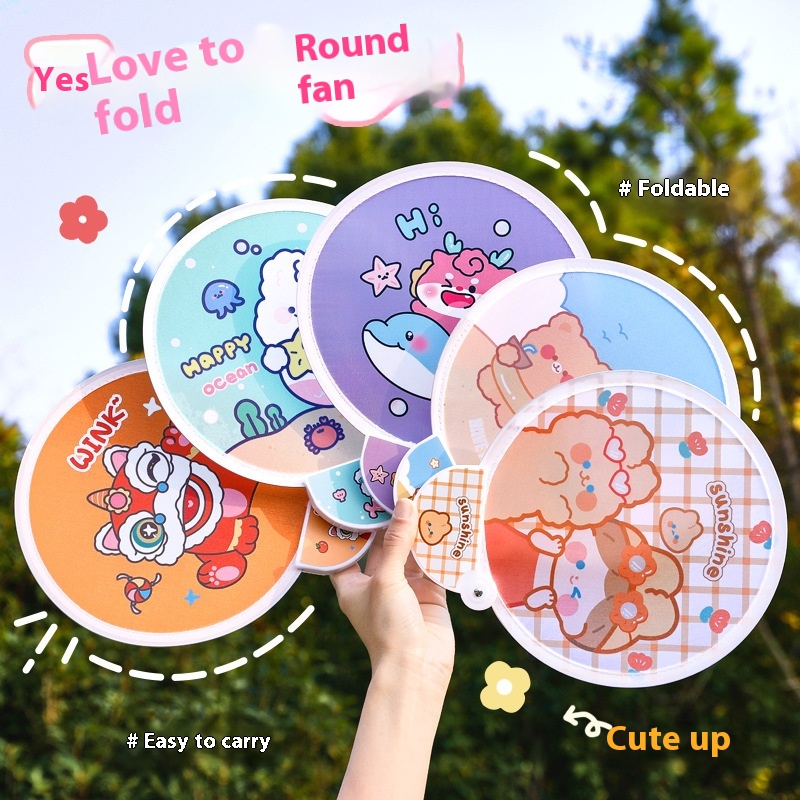 Cartoon Folding Round Fan Cute Girl Portable Small Round Fan Student Outdoor Portable Cloth Mini Fan