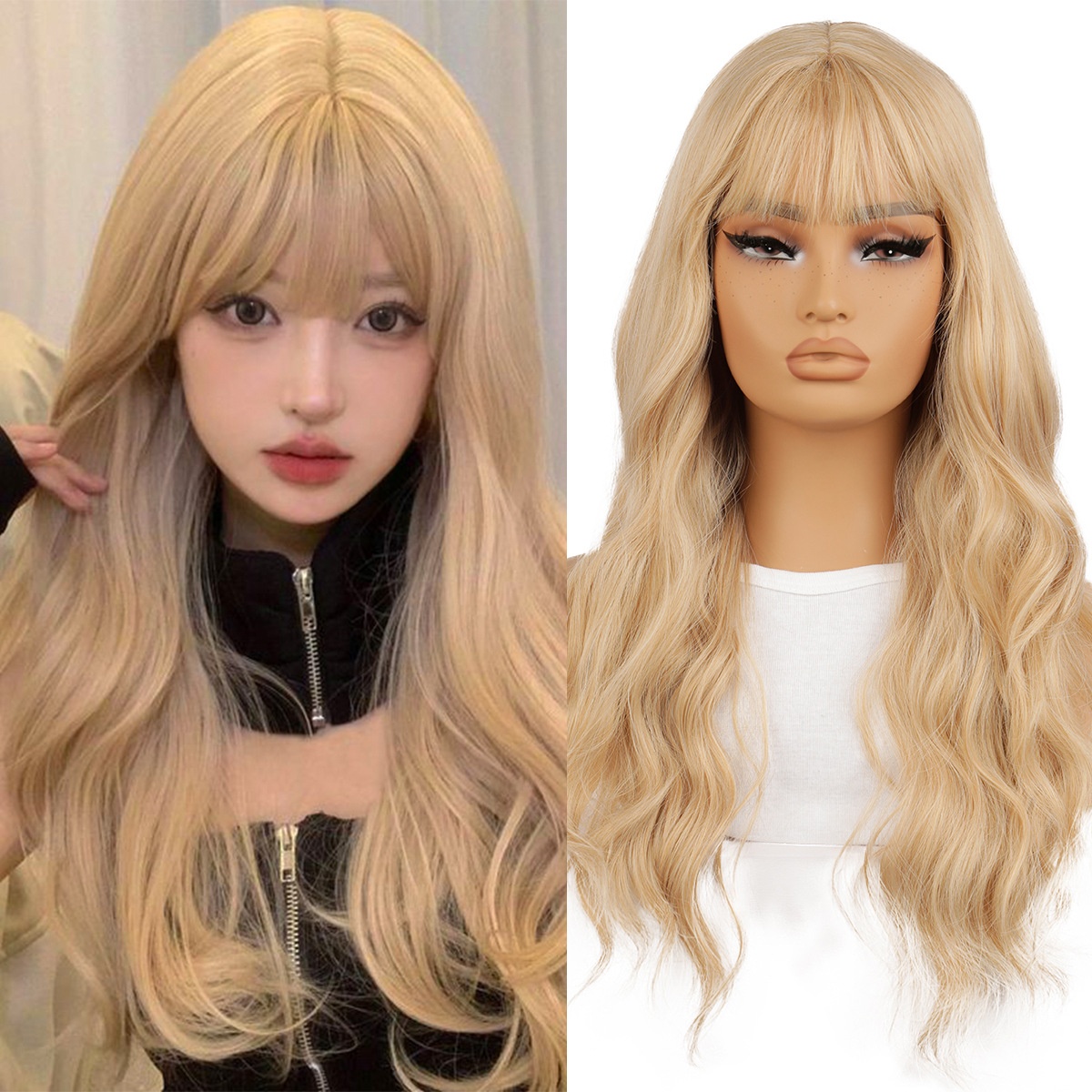 Golden Brown Highlights Neat Bangs Long Curls 28inch Wig Women's Chemical Fiber Full Headgear Yama S