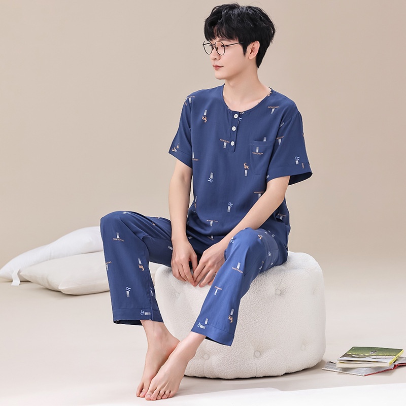 Artificial Cotton Men's Pajamas Spring And Summer Short-sleeved Trousers Suit Cotton Silk Home Clothes Dad's Clothes One Piece Dery