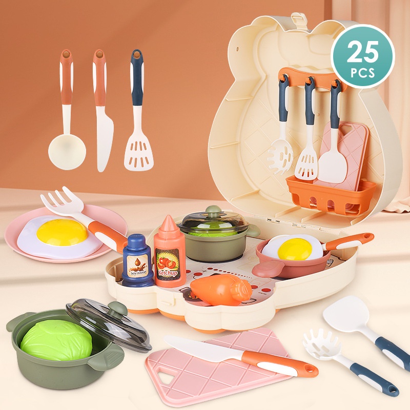 Children's Storage Backpack Simulation Play House Kitchen Tableware Set Baby Educational Cooking Girl Toy