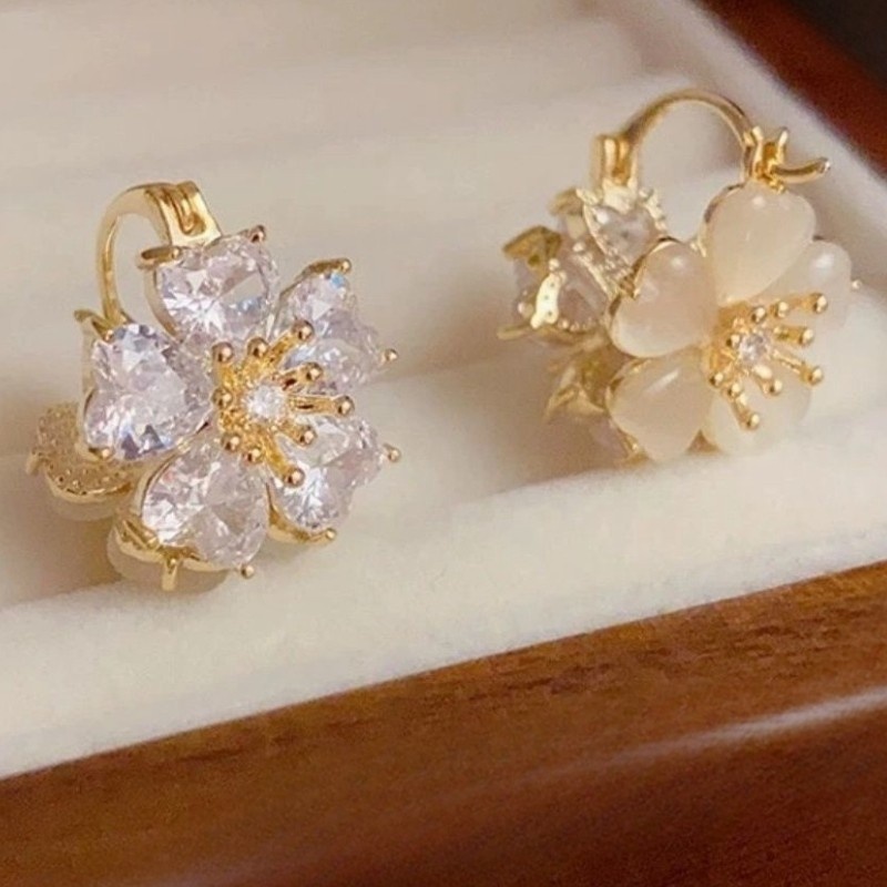 Cat's Eye Stone Zircon Five-petal Flower Double-sided Ear Buckle Twin Flower Lotus Pond Moonlight Earrings Exquisite Fashion Earrings