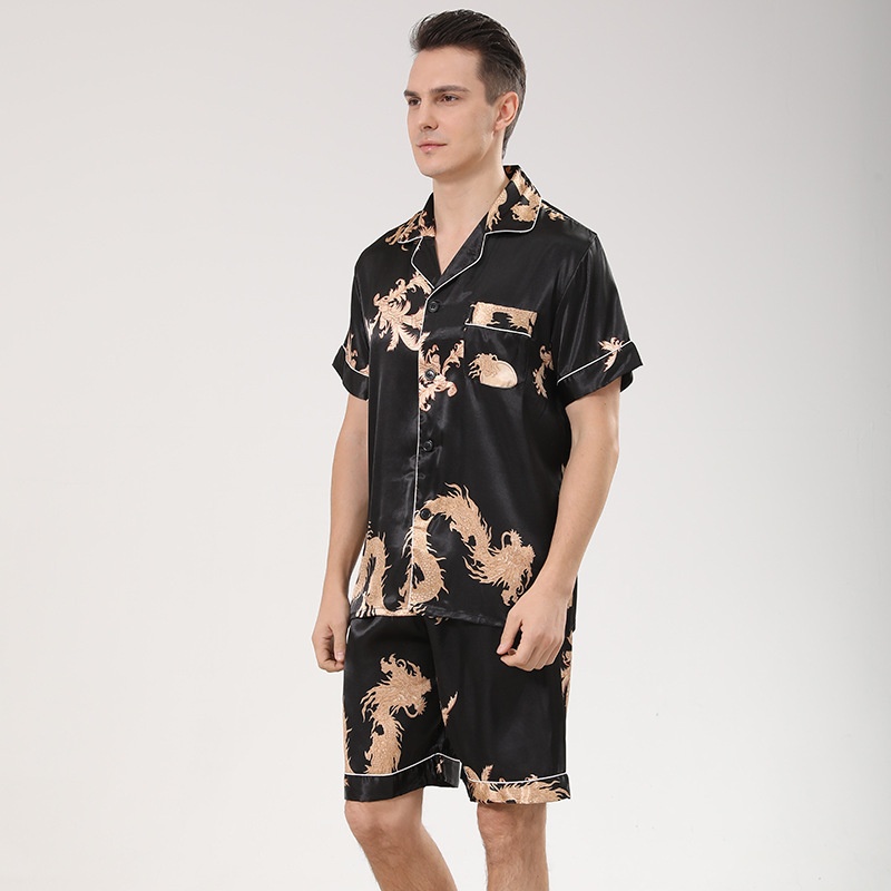 Fat Men's Summer Printed Short Sleeve Shorts Large Size Pajamas Men's Summer Suit Men's Silk Fat Men's Home Clothes