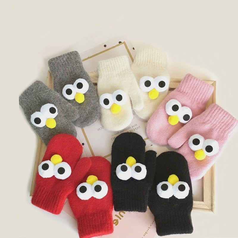 Qiunan Children's Gloves Winter Korean Style Cartoon Eyes Mittens Parent-child Warm Gloves