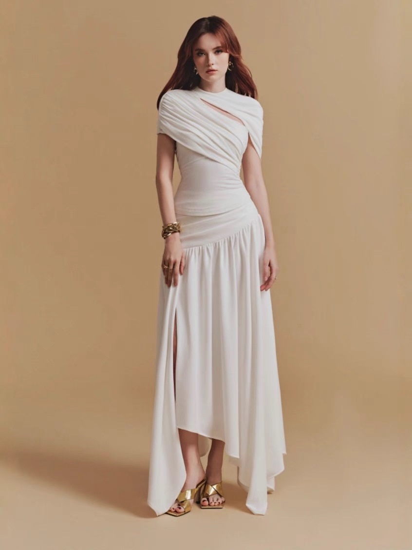 Resort-style Dress With Pleated Top And Asymmetrical Skirt (two-piece Set)