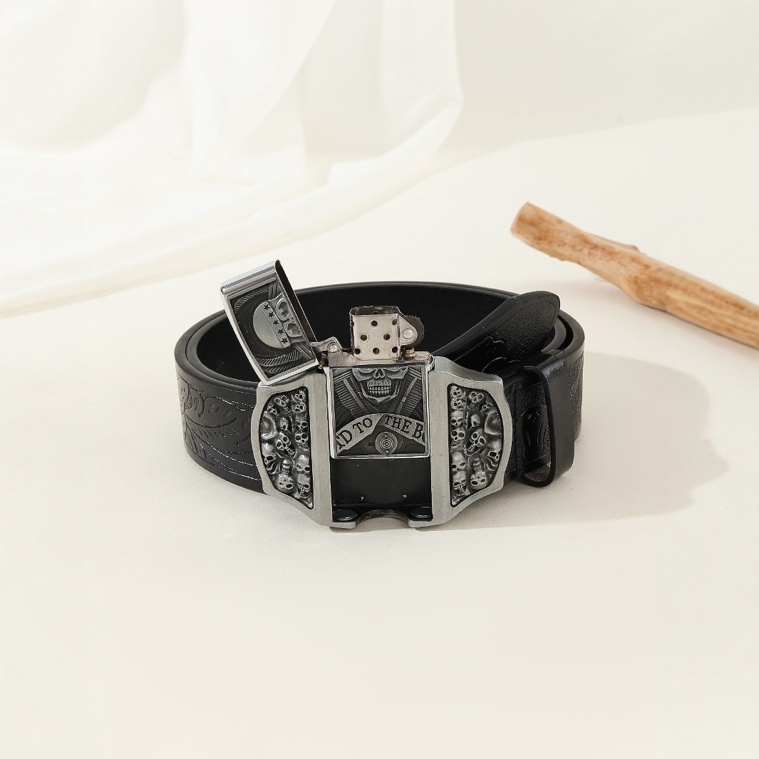 Men's Retro Skull Kerosene Lighter Buckle Personalized Belt Y Youth Belt In Stock