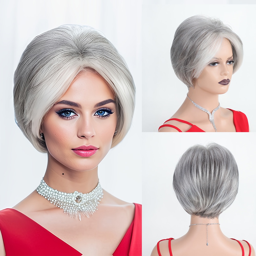 Wig European And American White Wig Fashion Gray Highlights Short Wave Wave Chemical Fiber Head Set A