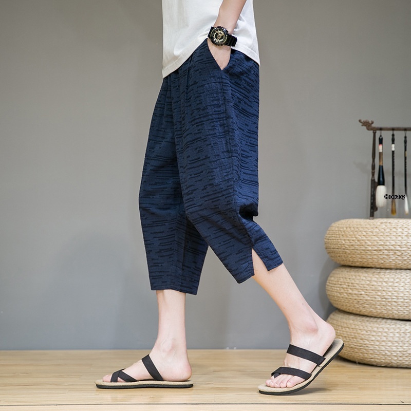 Summer Jacquard Cotton And Linen Chinese Style Casual Loose Cropped Trousers Solid Color Elastic Men's Trousers