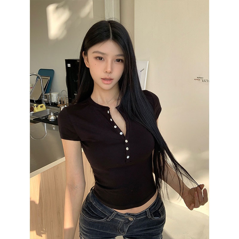 Hot Girl Style Button-down Shoulder Short-sleeved T-shirt