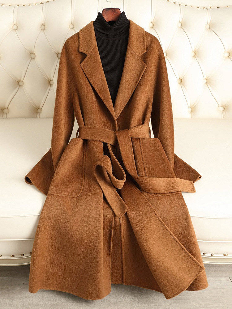 M Brand Water Ripple Double-Sided Wool Coat For Women, Long Style, Autumn And Winter Model, Over-The-Knee High-End Woolen Coat