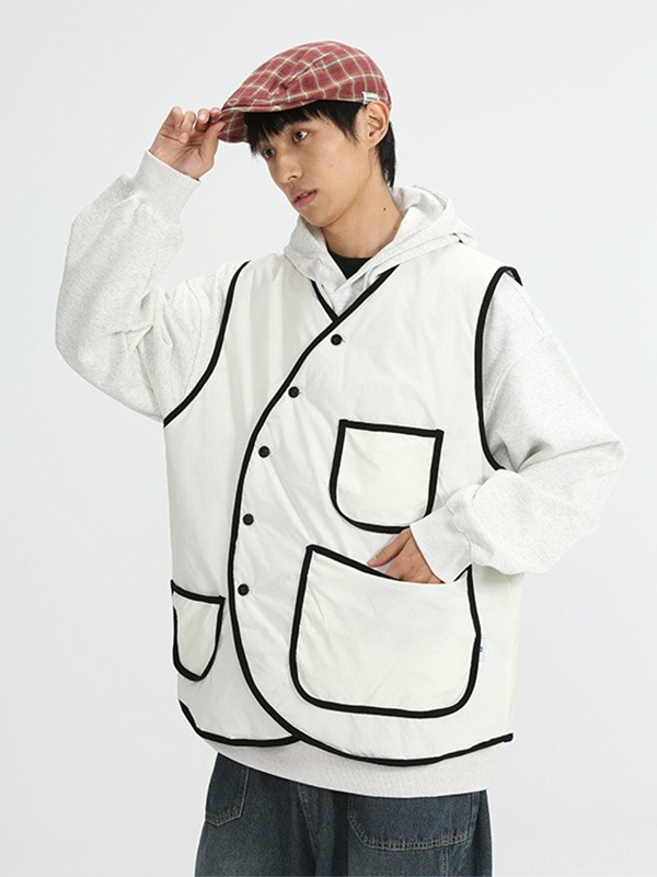 ATBORDERE Winter Japanese Contrast Color Strip Design Sense Cotton Vest Retro Workwear V-Neck Jacket