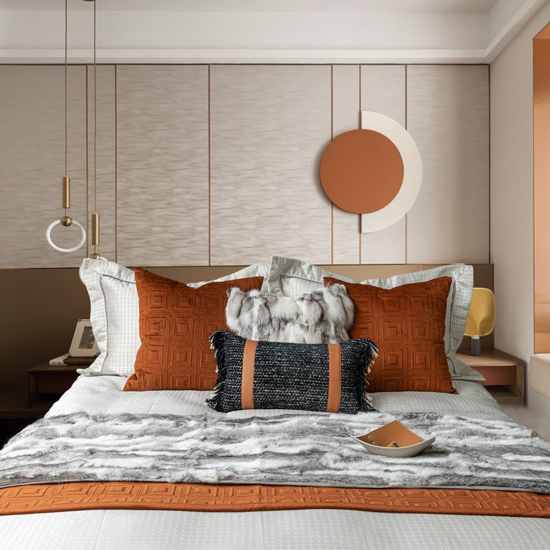 Modern Light Luxury Orange Bedding Soft Multi-piece Set Model Room Exhibition Hall Display Four-piece Set Pillow Bed Flag Combination