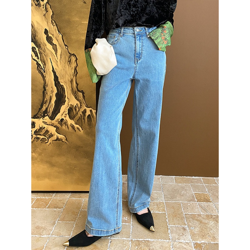 Sinan French Casual Blue High Waist Straight Wide Leg Jeans Early Spring SN5258