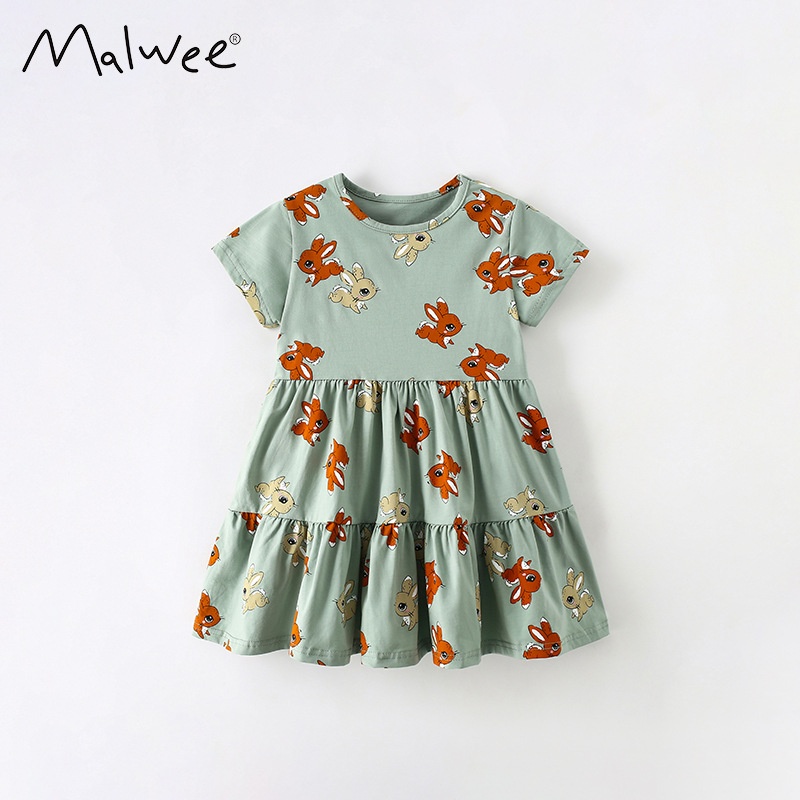 Malwee Girls Skirt Summer European And American Small Children's Casual Round Neck Short Sleeve Western Style Children's Dress
