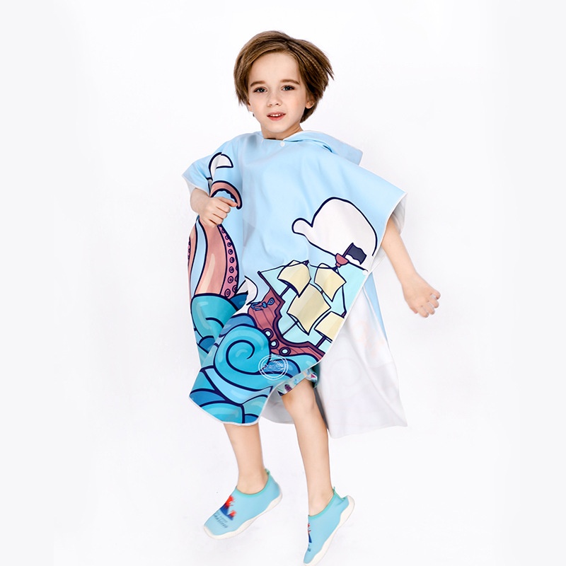 Microfiber Cartoon Print Beach Swimming Changing Bath Towel Children's Hooded Sunscreen Quick-drying Cloak Bathrobe Cape