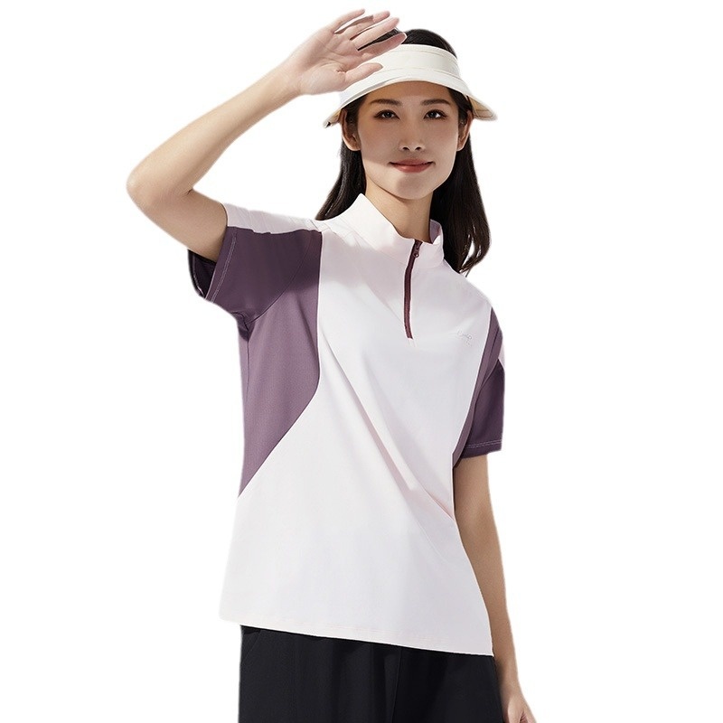 Outdoor Women's Quick-drying Stand Collar Short-sleeved T-shirt Match Color Stretch Ice Silk Half-cardigan T-shirt