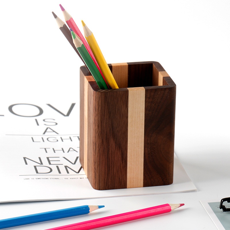 Nordic Black Walnut Solid Wood Pen Holder Color Matching Pencil Case Office Desktop Large Capacity Stationery Storage Box