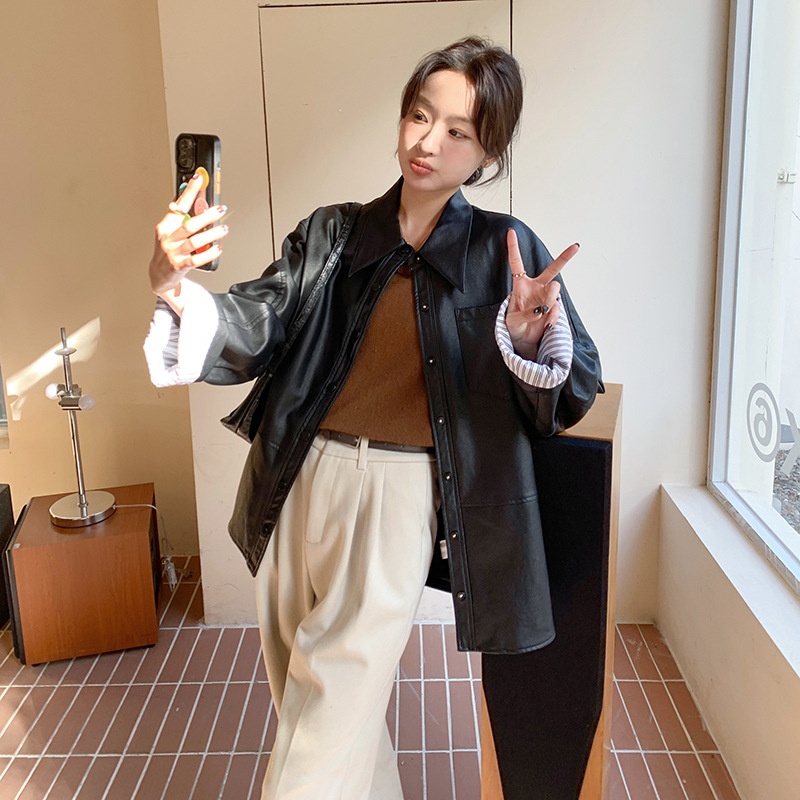 Real Shot Black Leather Coat Women's Spring And Autumn Korean Chic High-end Loose Pu Leather Shirt Jacket