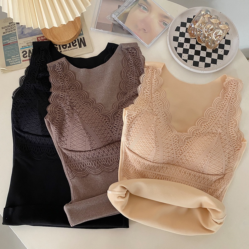 Seamless Warm Vest For Women With Velvet,Thin And Slim Fit,Lace And Chest Pad Bottoming Shirt,German Velvet Vest Underwear Slim Fit
