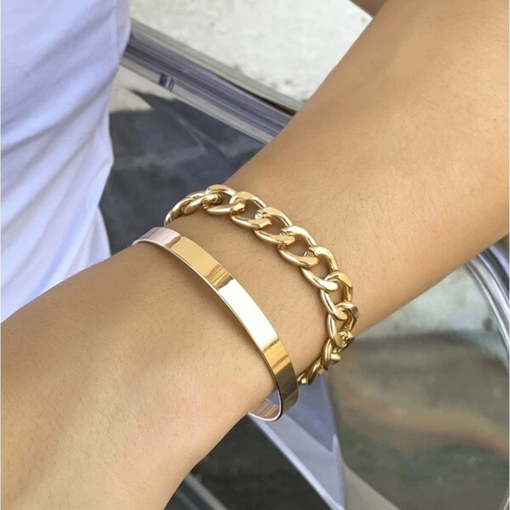 Jewelry Cuban Chain Bracelet Metal Smooth Bracelet Street Hip-hop Style Suit Hand Jewelry Two-piece Set