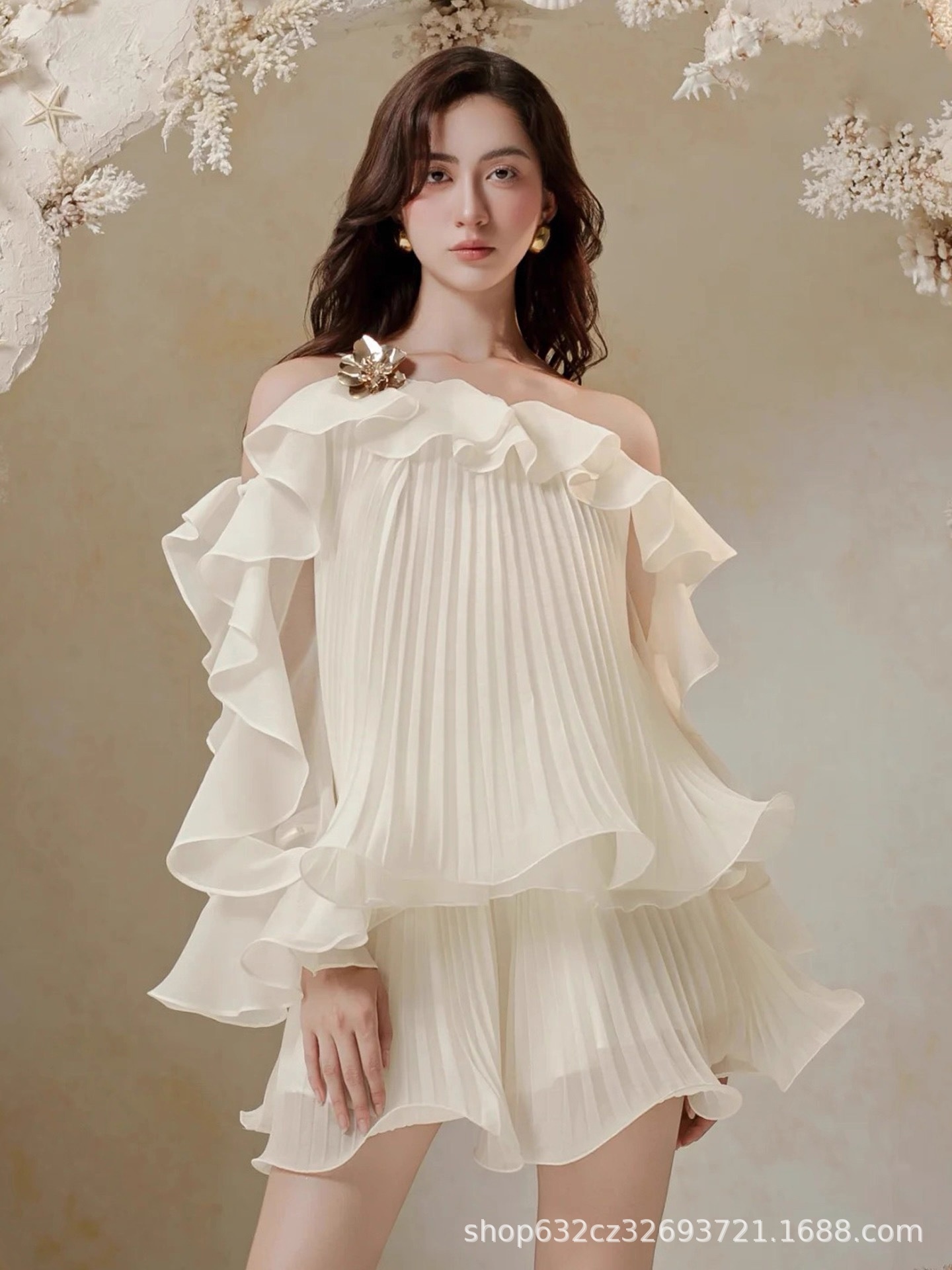 Two-piece Set: Ruffled Off-shoulder Top And Pleated Skirt