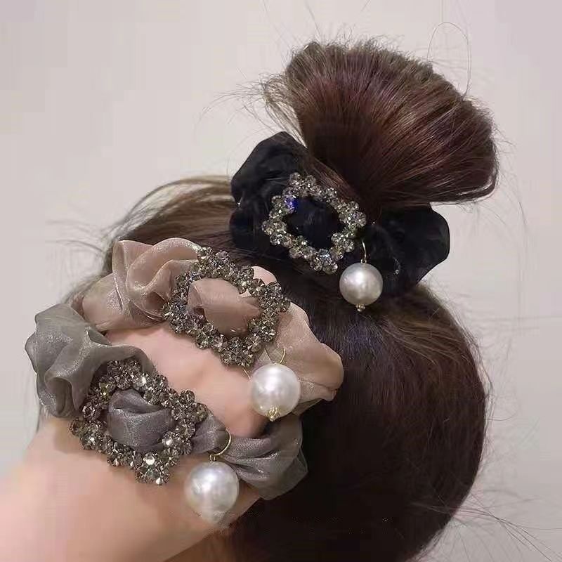 High-grade Diamond Square Hollow Pearl Headband Ponytail Rubber Band Temperament Large Intestine Hair Ring Headdress Hair Rope Female