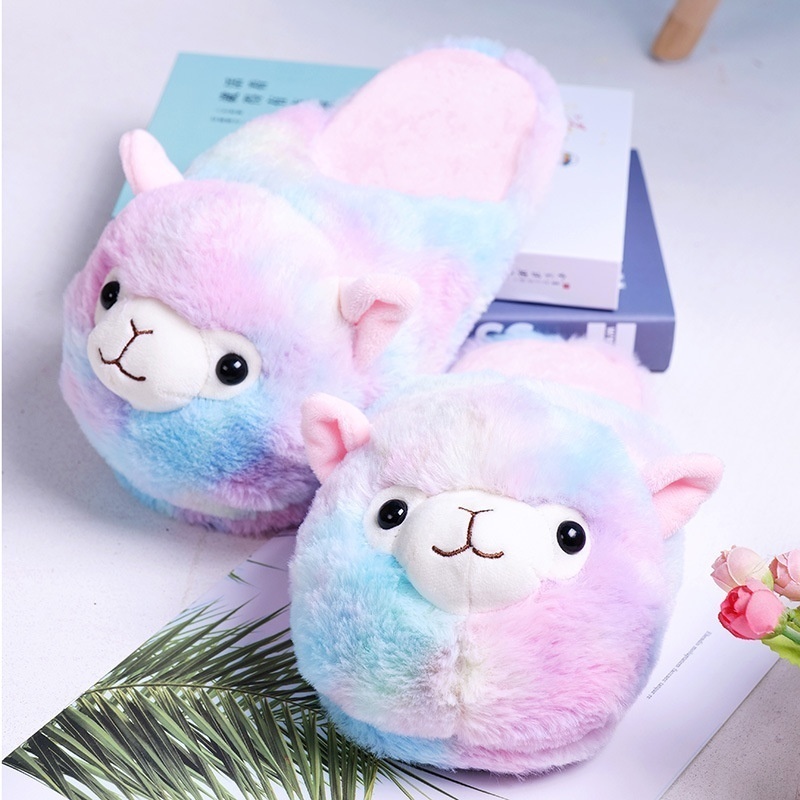 Colorful Alpaca Slippers Imitation Rabbit Fur Home Slippers Indoor Non-slip Grass Mud Horse Cotton Slippers For Girls Gift Shop Purchase