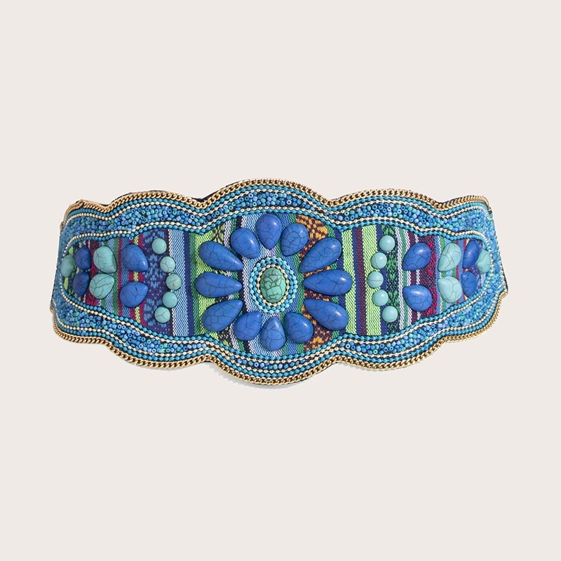 Women's Heavy-duty Bohemian Turquoise Handmade Beads Waist Seal Ethnic Style Yunnan Elastic Snap Buckle Belt